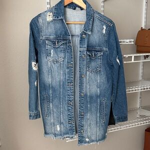 Distressed Long Denim Jacket - Medium Blue